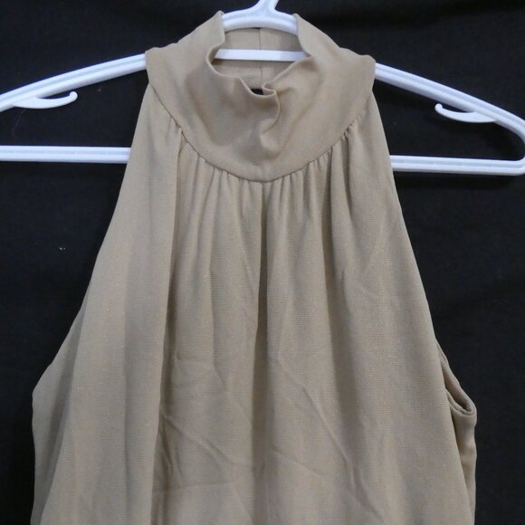 GUESS JEANS | large | Chic High Neck Caramel Sleeveless Top | Tie Up Waist - Picture 6 of 14